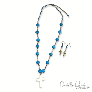 Howlite Turquoise and Cross Bronze Lariat Necklace & Earrings Set