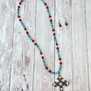 Red glass and Blue Turquoise Howlite, Crystal Cross Necklace & Earrings Set