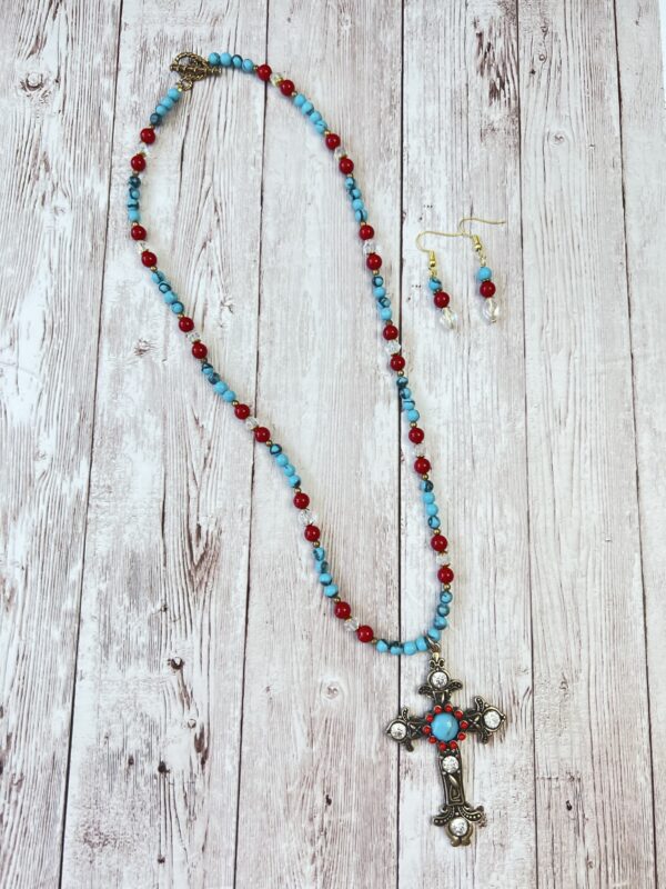 Red glass and Blue Turquoise Howlite, Crystal Cross Necklace & Earrings Set