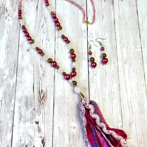 Rose Quartz and Hot Pink Glass Fiber Tassel Necklace and Earrings Set