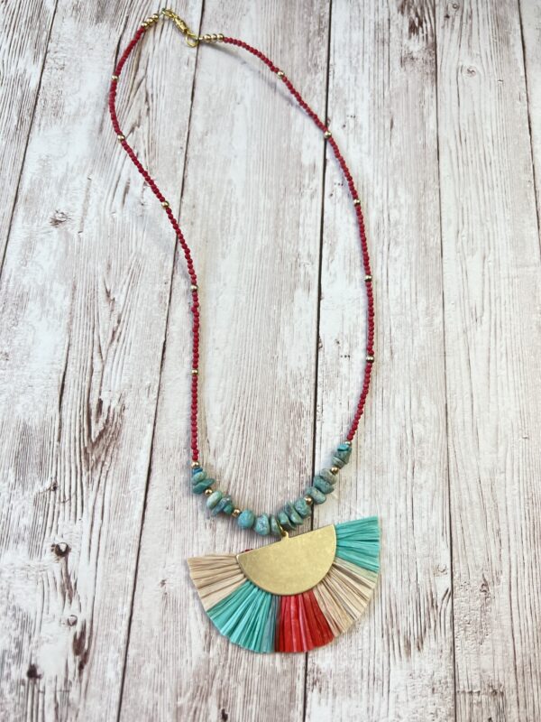 Teal Turquoise and Red Stone Rafia Fan Necklace