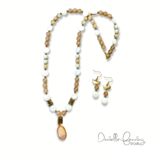 White Shell, Frosted Peach Glass and Druzy Gold Tone Necklace & Earrings Set