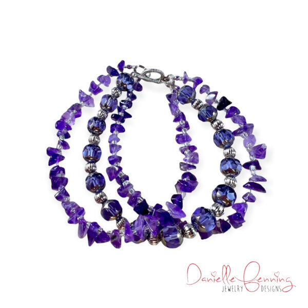 Triple Strand Purple Amethyst and Glass Bracelet and Earrings Set