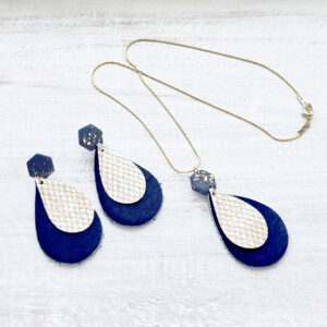 Navy Blue Polymer Clay and Teardrop Leather Necklace and Earrings Set