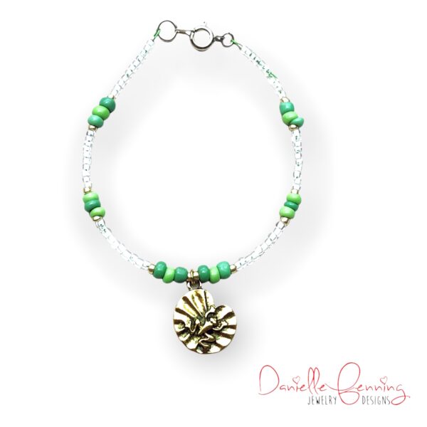 Green and White Beaded Gold Frog on a Lily pad Anklet