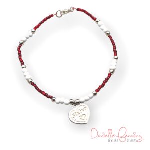 Red and White Beaded Silver Tone Sister Heart Anklet