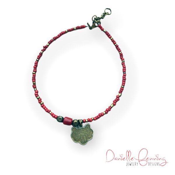 Dark Red Beaded Anklet with Bronze Chinese Dragon Charm and Bronze Components