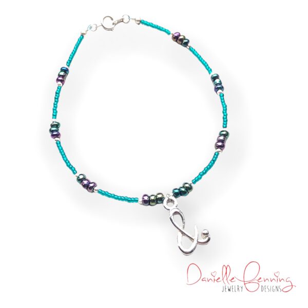 Teal and Black Beaded Silver Tone Ampersand Anklet
