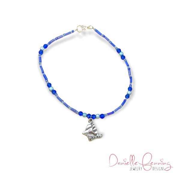 Blue and Teal Sailboat Charm Beaded Anklet