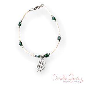 Dollar Sign Green and Cream Seed Bead Anklet
