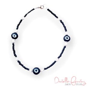 Evil Eye Beaded Anklet with Silver Tone Components