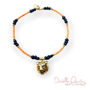 Gold Tiger Head Orange and Black Seed Bead Anklet