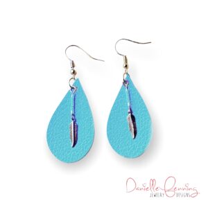 Teal Blue Teardrop Leather Earrings with Gold Tone Feather Dangles
