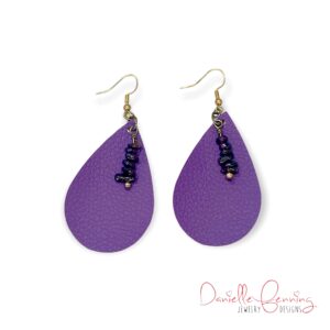 Purple Eggplant Teardrop Embossed Leather Earrings with Garnet Dangles
