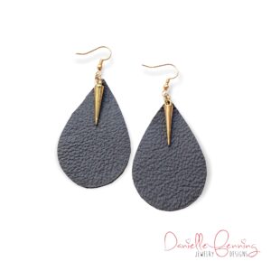 Brown Leather Teardrop Earrings with Gold Spike