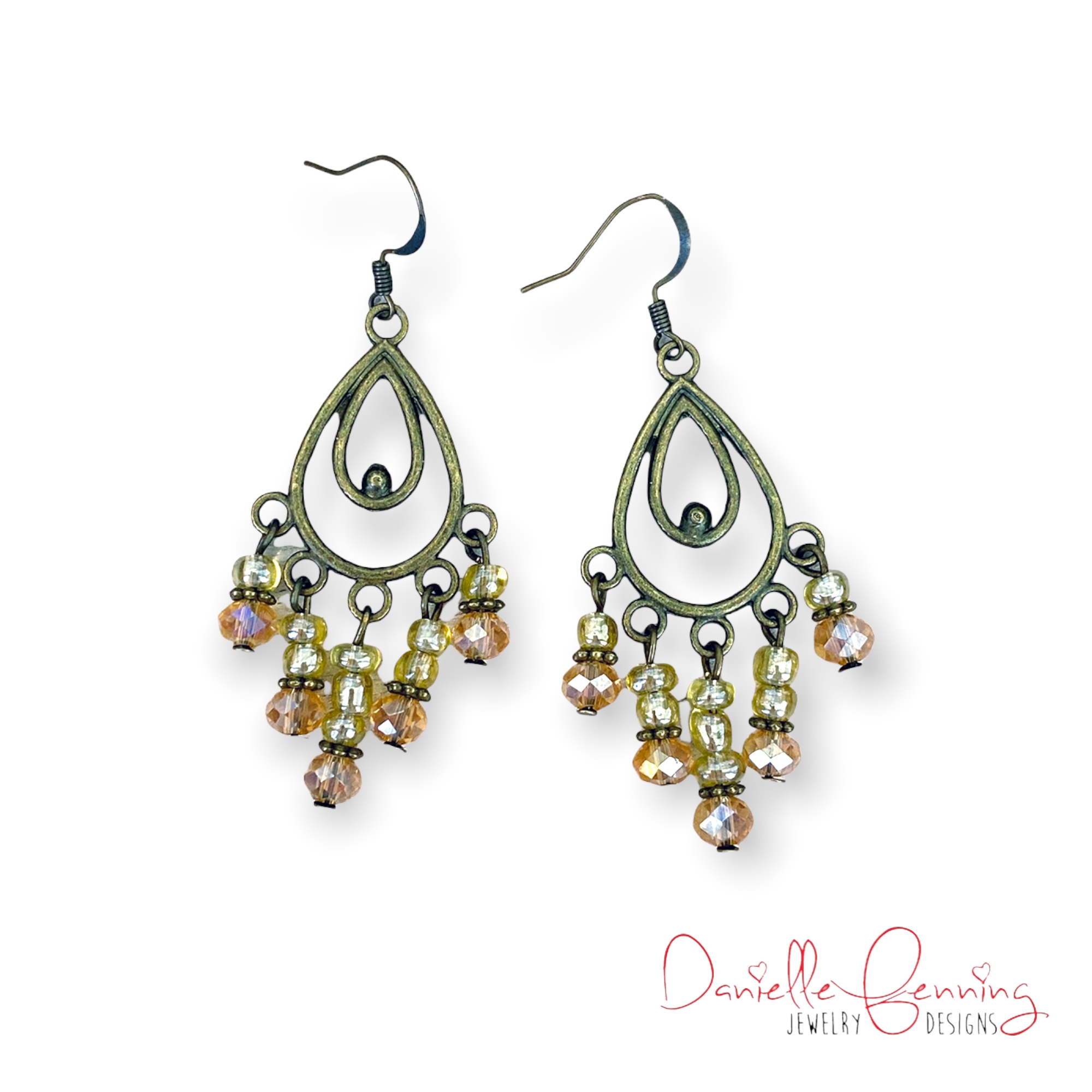 Recarlo chandelier earrings with 3 strands of pearls with increasing  gradation at the base of a