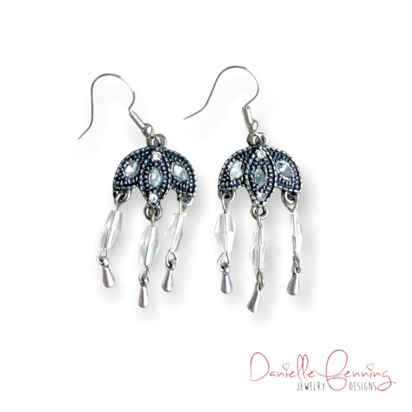 Three Dangle Silver Tone Chandelier Earrings with Clear Faceted Oval Glass Beads
