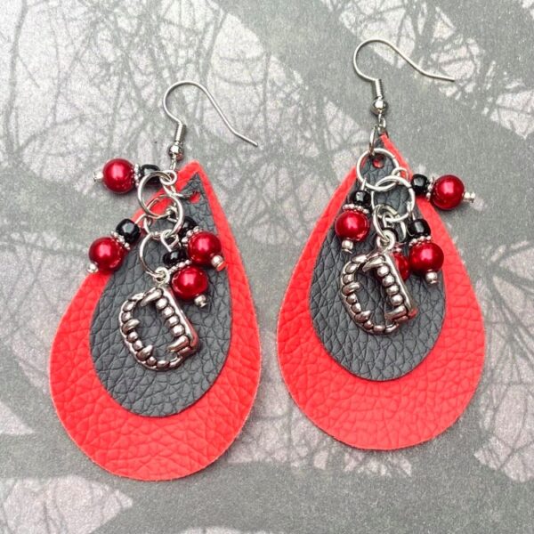 Double Red and Black Faux Leather Teardrop Earrings with Seed Bead and Vampire Teeth Dangles