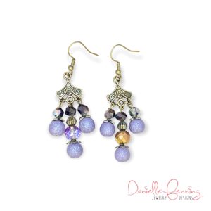 Three Dangle Bronze Chandelier Earrings with Purple Iridescent Facets and Frosted Glass Rounds