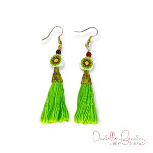Green and Yellow Tassel and Clay Flower Earrings