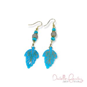 Blue Teal Howlite Turquoise Leaf Charm Dangle Earrings