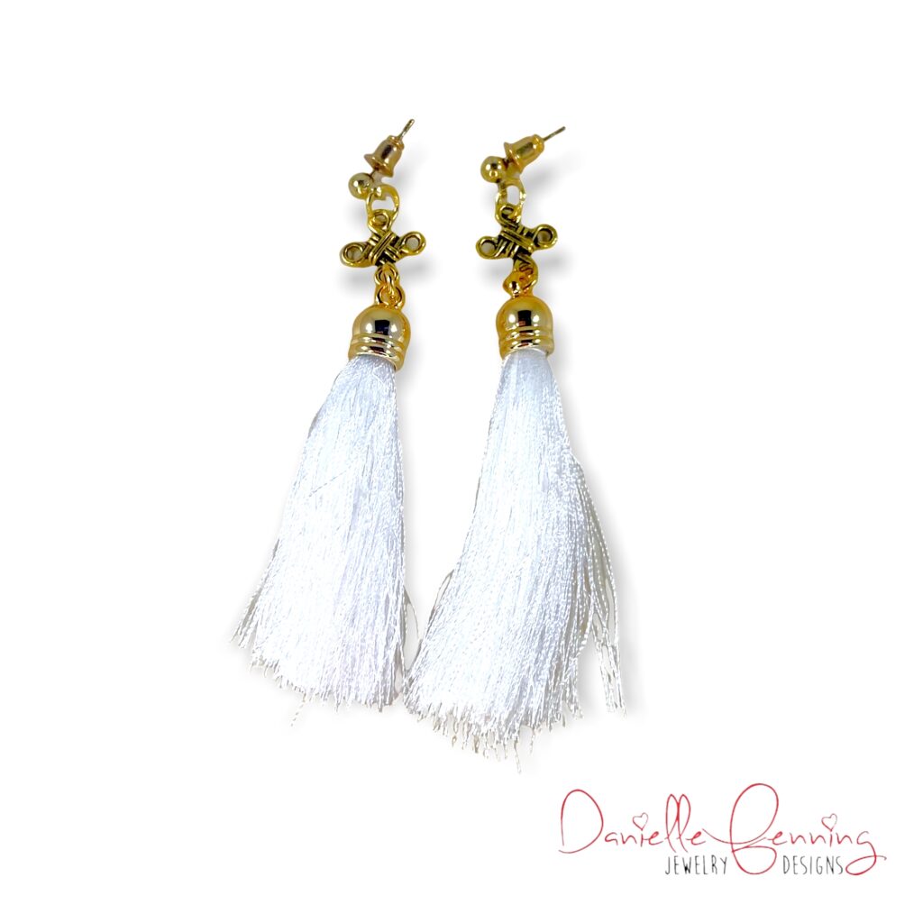 White and Gold Tassel Earrings