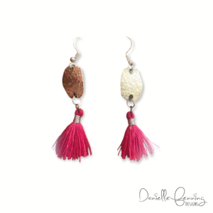 Silver Oval Dimpled Coin and Hot Pink Tassel Earrings