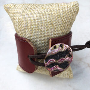 Pink Shell Button Rust Leather Cuff