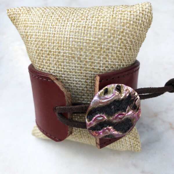 Pink Shell Button Rust Leather Cuff