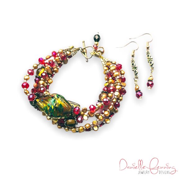 Red Glass and Gold Freshwater Pearls Five-Strand Bracelet & Earrings Set