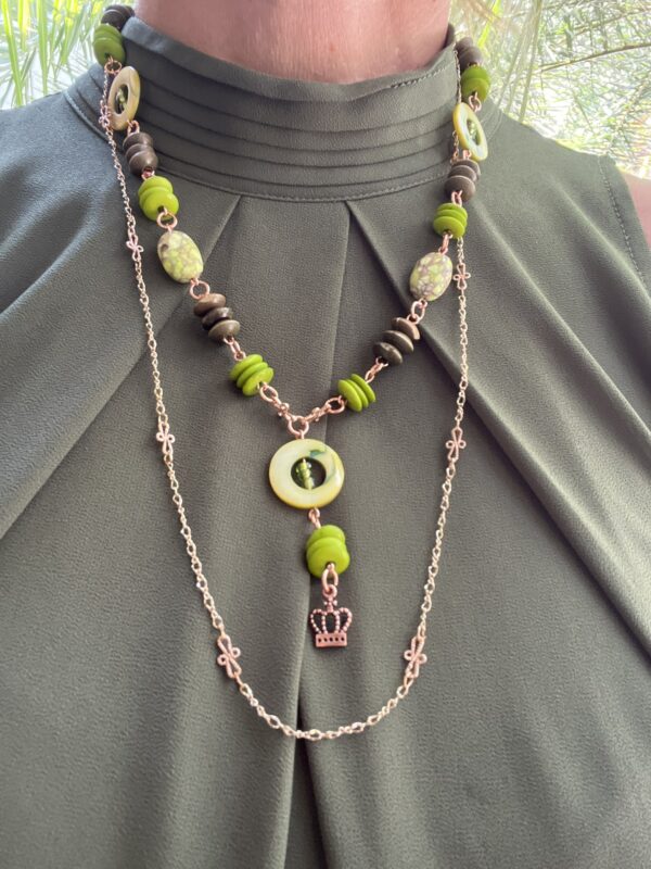 Green Fancy Jasper, Howlite, Wood and Shell Bright Copper and Gold Lariat Necklace and Earring set