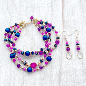 Iridescent Blue and Hot Pink Quadruple Strand Bracelet & Earrings Set