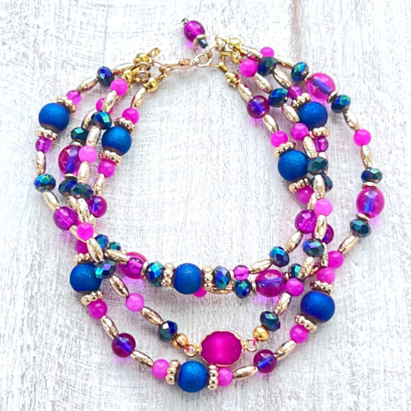Iridescent Blue and Hot Pink Quadruple Strand Bracelet & Earrings Set