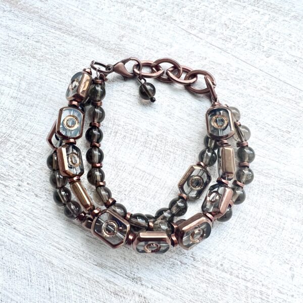 Gray Glass and Copper Triple Strand Bracelet & Earrings Set