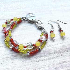 Red and Yellow Heart "Always" Triple Strand Bracelet & Earrings Set