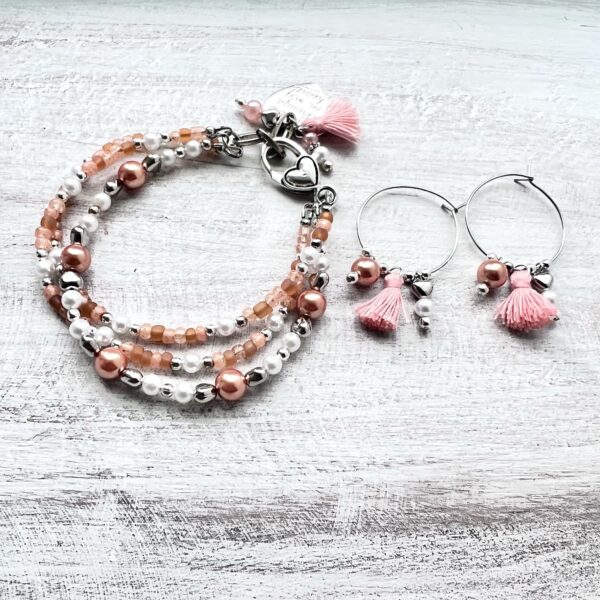 Peach and Pearl "You are Always in my Heart" Triple Strand Bracelet & Earrings Set