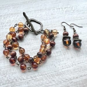 Amber Glass and Wood Triple Strand Bracelet & Earrings Set