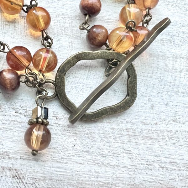 Amber Glass and Wood Triple Strand Bracelet & Earrings Set