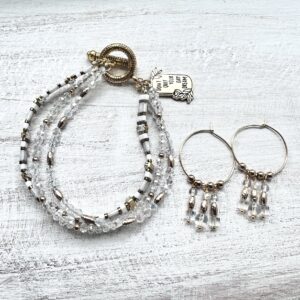 Clear, White and Gold "Don't Quit Your Day Dream" Triple Strand Bracelet and Earrings Set