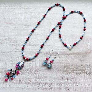 Pink, Teal and Black Agate Lariat Necklace & Earrings