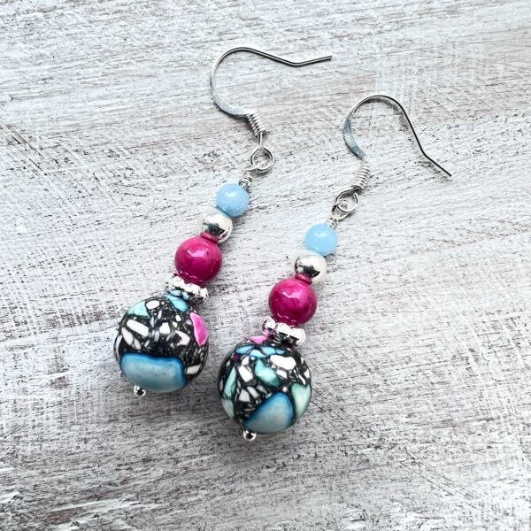 Pink, Teal and Black Agate Lariat Necklace & Earrings
