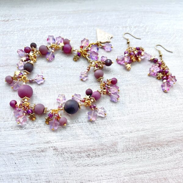 Purple Glass Star "Just Be You" Gold Tone Bracelet and Earrings Set