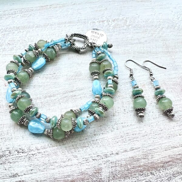 Green Jade and Blue Glass "Live Your Dream" Bracelet and Earrings Set