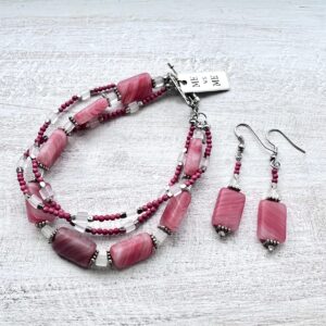 Red Striped Rectangle "Me vs Me" Bracelet and Earrings Set