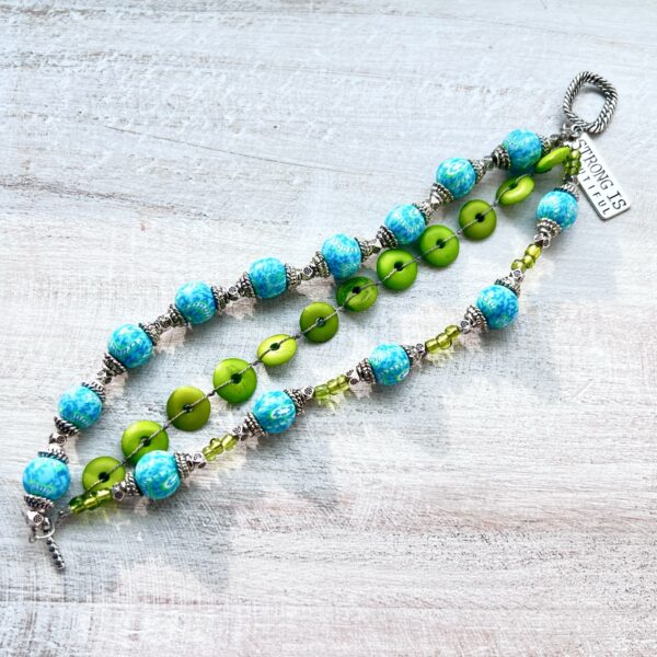 Green and Teal Clay "Strong is Beautiful" Triple Strand Bracelet and Earrings Set