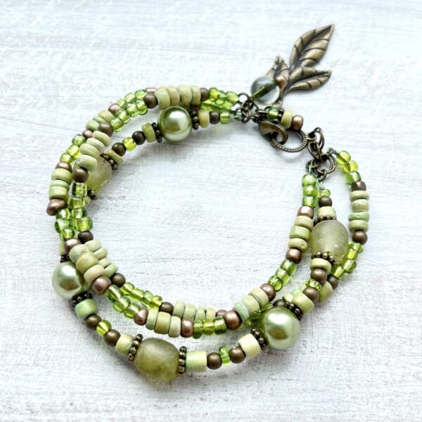 Green Glass Pearl and Wood Triple Strand Bracelet and Earrings Set