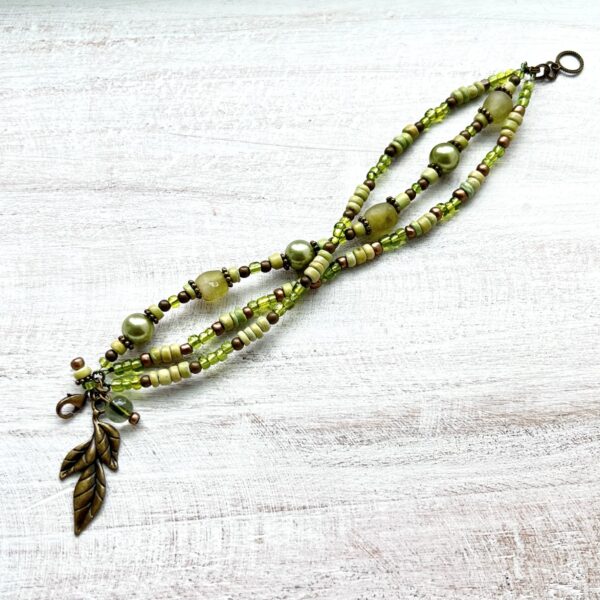 Green Glass Pearl and Wood Triple Strand Bracelet and Earrings Set