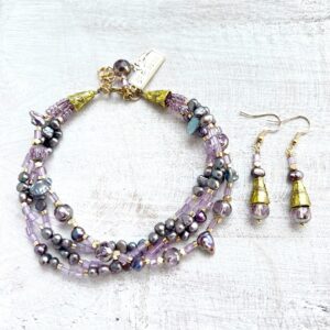 Lavender Glass and Freshwater Pearl "You Can Do It" Quadruple Strand Bracelet and Earring Set