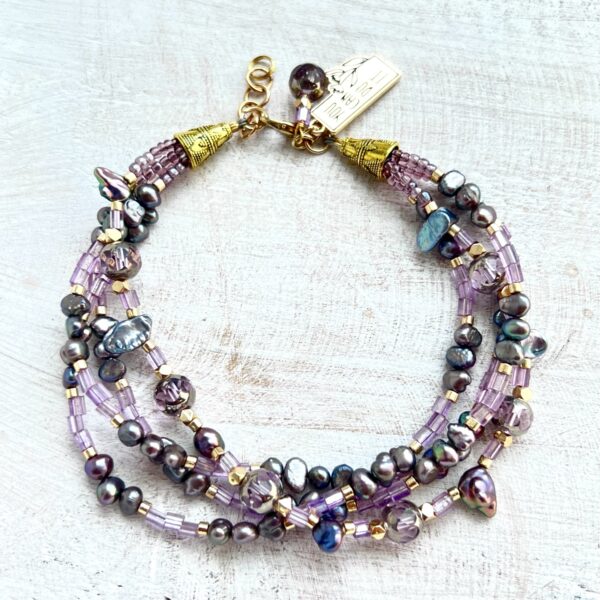 Lavender Glass and Freshwater Pearl "You Can Do It" Quadruple Strand Bracelet and Earring Set