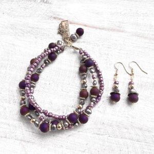 Purple Glass and Freshwater Pearl "You Can Do It" Triple-Strand Bracelet and Earring Set